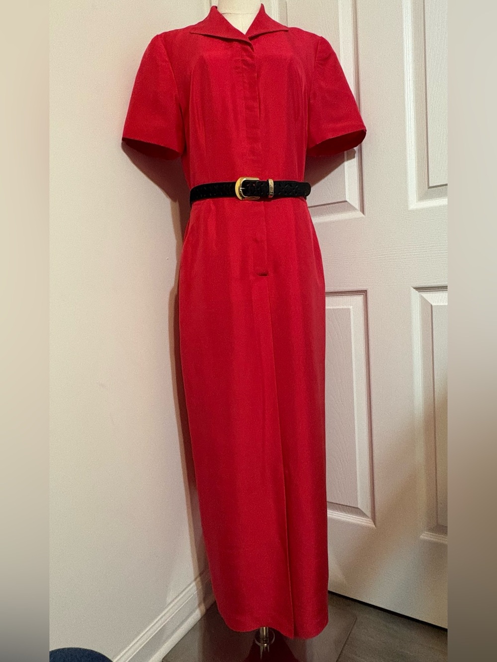 SHOMI, Long Classic Cherry Red Short Sleeve Shirt Dress with Pockets